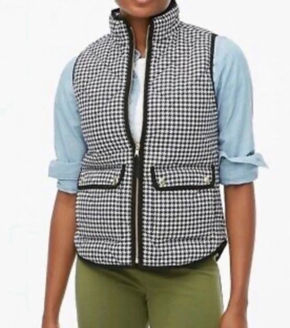 J. Crew Houndstooth Puffer Vest With Snap Pockets Black White AP677 Size S